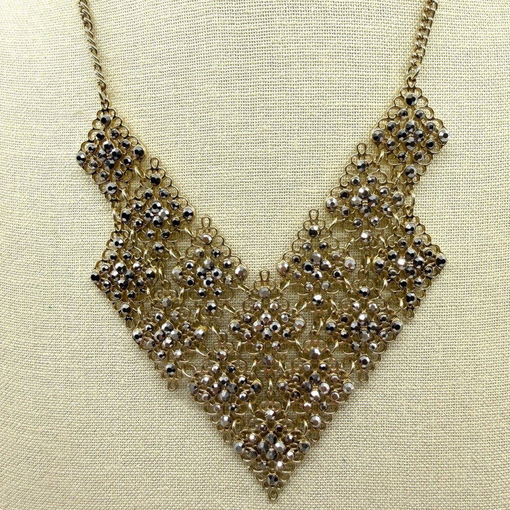 Charming Charlie Gold Tone Rhinestone Filigree Bib Necklace Floral Collar Gift